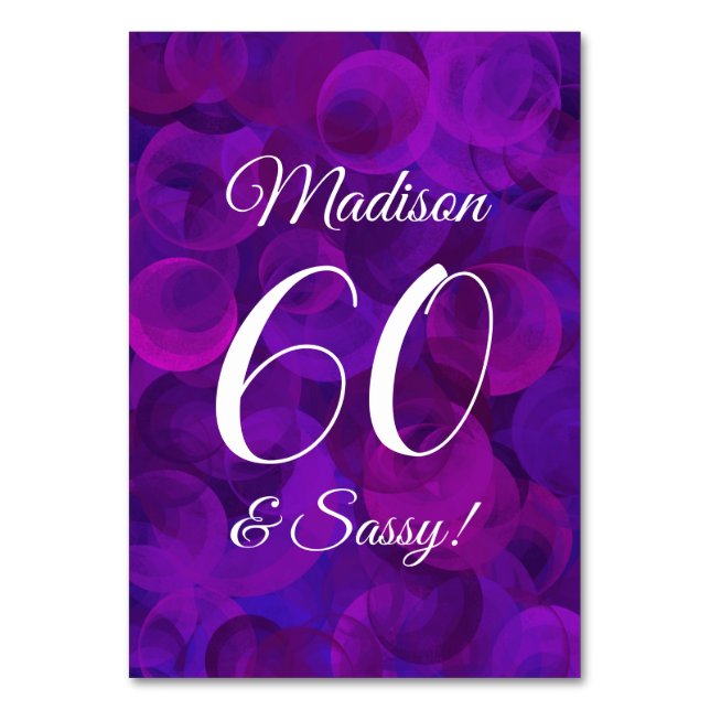 Elegant Purple 60 & Sassy Birthday Party Table Number (Front)