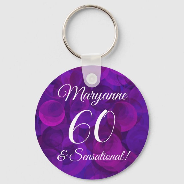 Elegant Purple 60 & Sensational Birthday Party Keychain (Front)