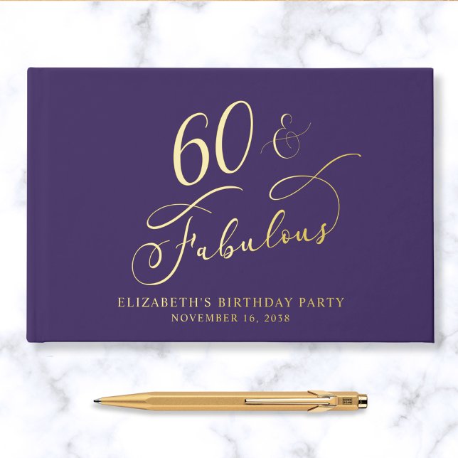 Elegant Purple 60th Birthday Party Gold Foil Guest Book (Creator Uploaded)