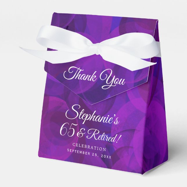 Elegant Purple 65 and Retired Retirement Party Favor Boxes (Front Side)