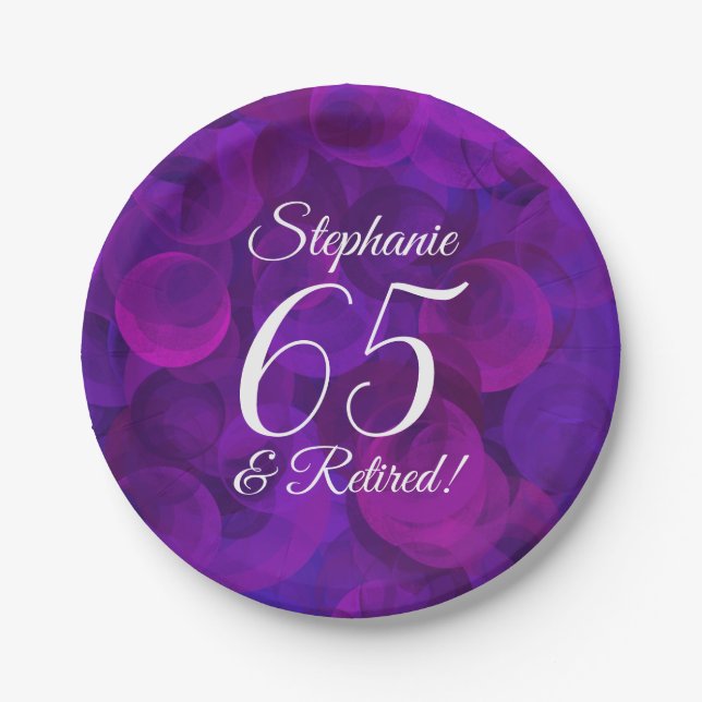 Elegant Purple 65 and Retired Retirement Party Paper Plates (Front)