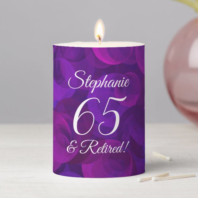 Elegant Purple 65 and Retired Retirement Pillar Candle (In Situ)