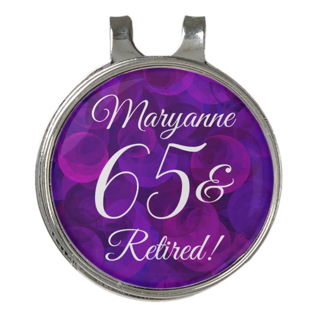 Elegant Purple 65 & Retired Retirement Party Golf Hat Clip (Front)