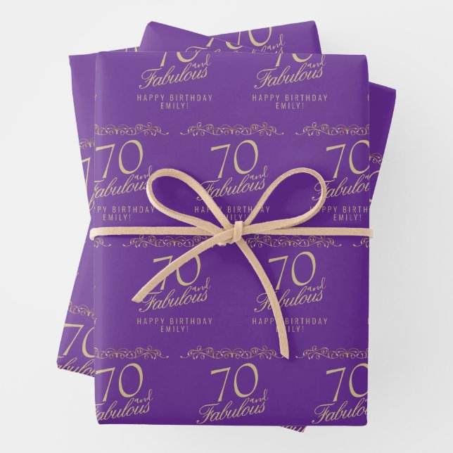 Elegant Purple 70 and Fabulous 70th Birthday  Wrapping Paper Sheets (In situ)