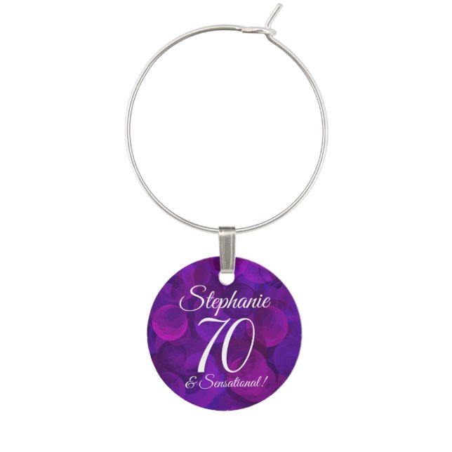 Elegant Purple 70 and Sensational Birthday Name Wine Charm (Front)