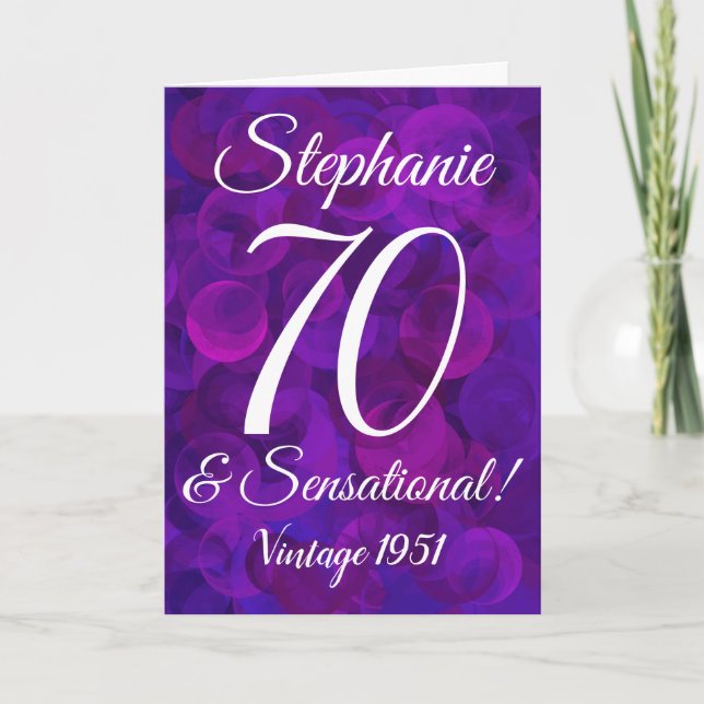 Elegant Purple 70 and Sensational Personalized Card (Front)