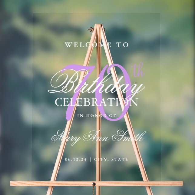 Elegant Purple 70th Birthday Party Welcome  Acrylic Sign (Neutral)