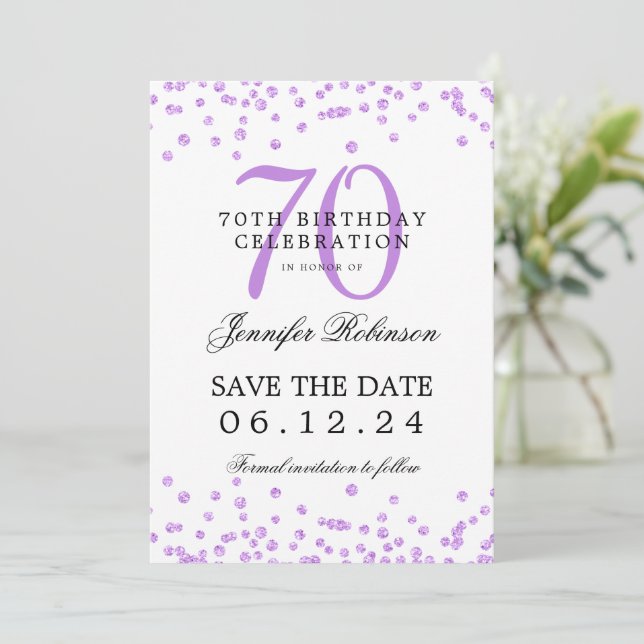 Elegant Purple 70th Birthday Save Date Confetti Invitation (Standing Front)