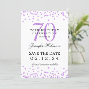 Elegant Purple 70th Birthday Save Date Confetti Invitation
