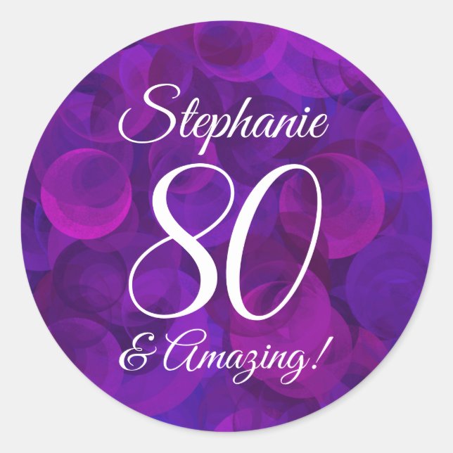Elegant Purple 80 and Amazing Birthday Favor Classic Round Sticker (Front)