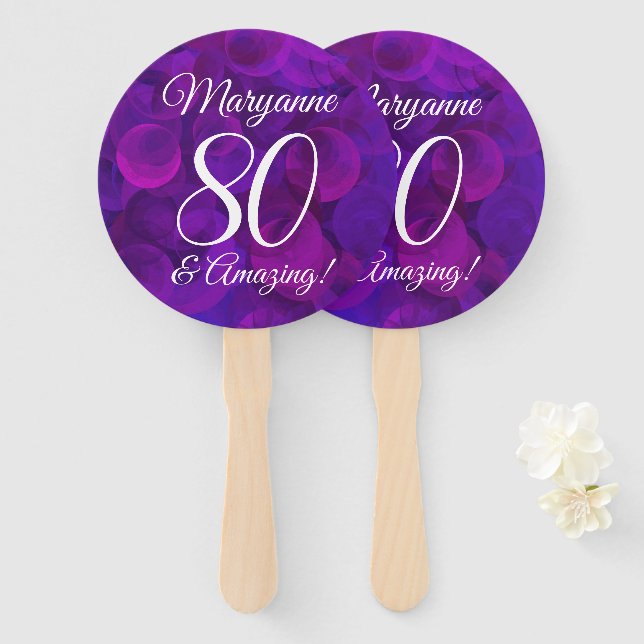 Elegant Purple 80 and Amazing Birthday Party Hand Fan (Front and Back)