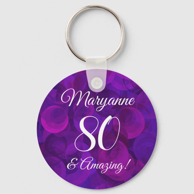 Elegant Purple 80 and Amazing Birthday Party Keychain (Front)