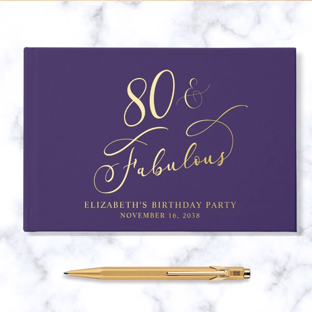Elegant Purple 80th Birthday Party Gold Foil Guest Book (Creator Uploaded)