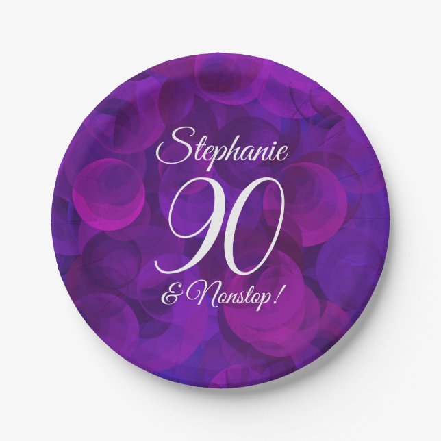 Elegant Purple 90 and Nonstop Birthday Party Paper Plates (Front)