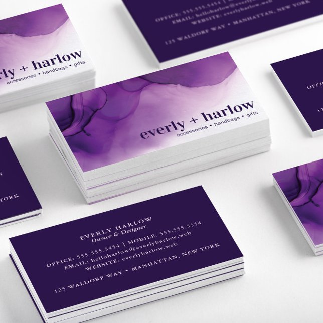 Elegant Purple Abstract Alcohol Ink Art Business Card (Stacked Elegant Purple Abstract Alcohol Ink Art Business Cards-Front & Back)