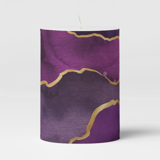 Elegant Purple Abstract Watercolor Pattern Pillar Candle (Front)
