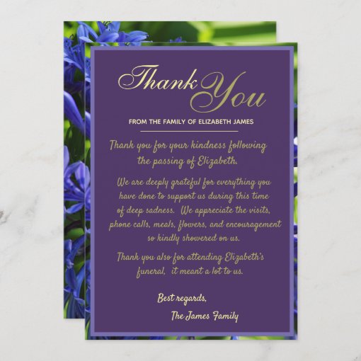 Elegant Purple Agapanthus Flowers Bereavement Thank You Card | Zazzle