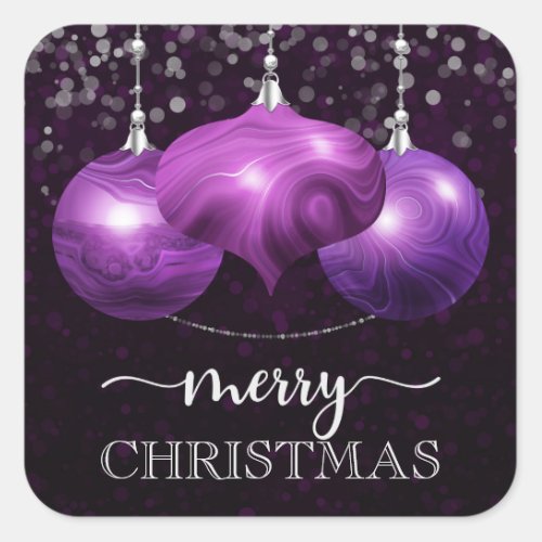 Elegant Purple Agate Baubles Merry Christmas Square Sticker
