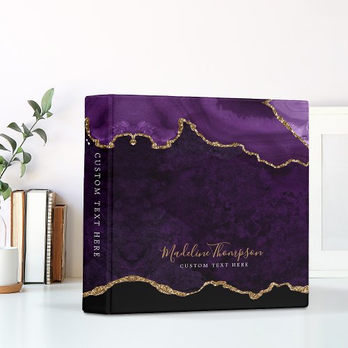 Elegant Purple Agate Geode Gold Script Typography 3 Ring Binder