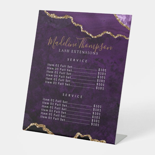 Elegant Purple Agate Geode Marble Services Price Pedestal Sign (Front)