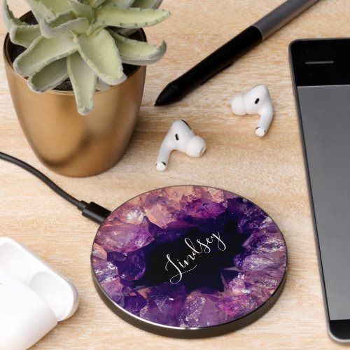 Elegant  Purple Agate Geode Stone Personalized Wireless Charger