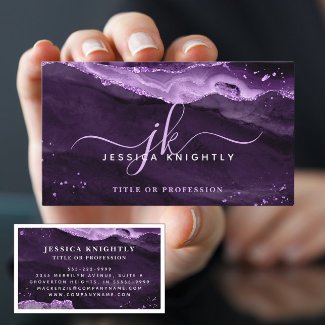 Elegant Purple Agate Glitter Script Monogram Business Card (Creator Uploaded)