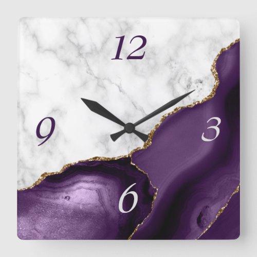 Elegant Purple Agate Gold Glitter Marble Square Wall Clock