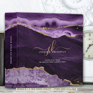 Elegant Purple Agate Gold Glitter Script Monogram 3 Ring Binder