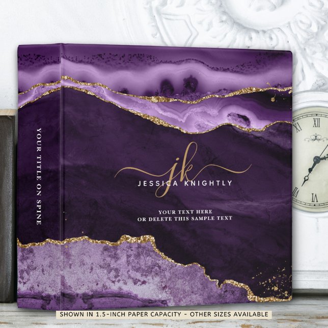 Elegant Purple Agate Gold Glitter Script Monogram 3 Ring Binder (Creator Uploaded)
