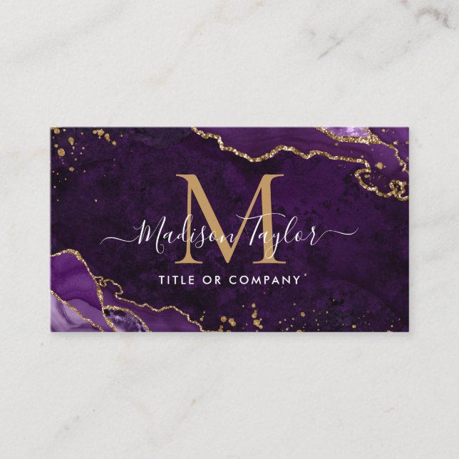 Elegant Purple Agate Gold Glitter Script Monogram Business Card (Front)