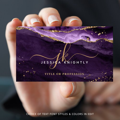 Elegant Purple Agate Gold Glitter Script Monogram Business Card