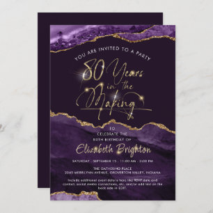 Elegant Purple Agate Gold Script 80th Birthday Invitation