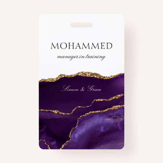 Elegant Purple Agate Script Custom Employee Badge (Front)