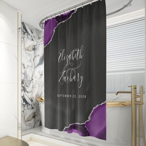 Elegant Purple Agate Silver Dark Newlywed Wedding Shower Curtain