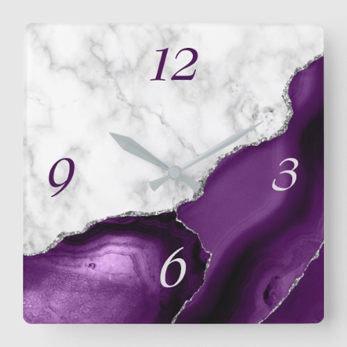 Elegant Purple Agate Silver Glitter Marble Square Wall Clock