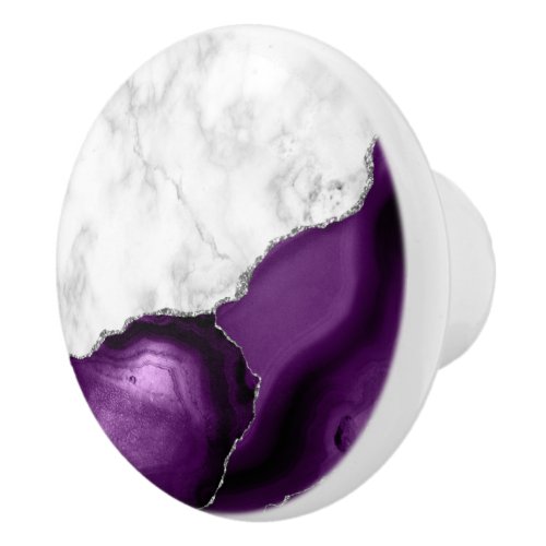 Elegant Purple Agate Silver Glitter White Marble Ceramic Knob