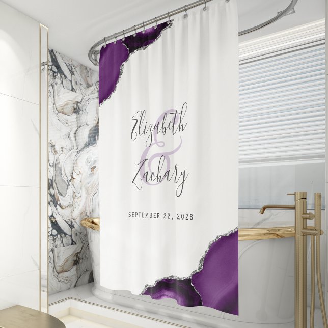 Elegant Purple Agate Silver Newlywed Wedding Shower Curtain (Creator Uploaded)
