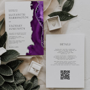 Elegant Purple Agate Silver QR Code Wedding Invitation