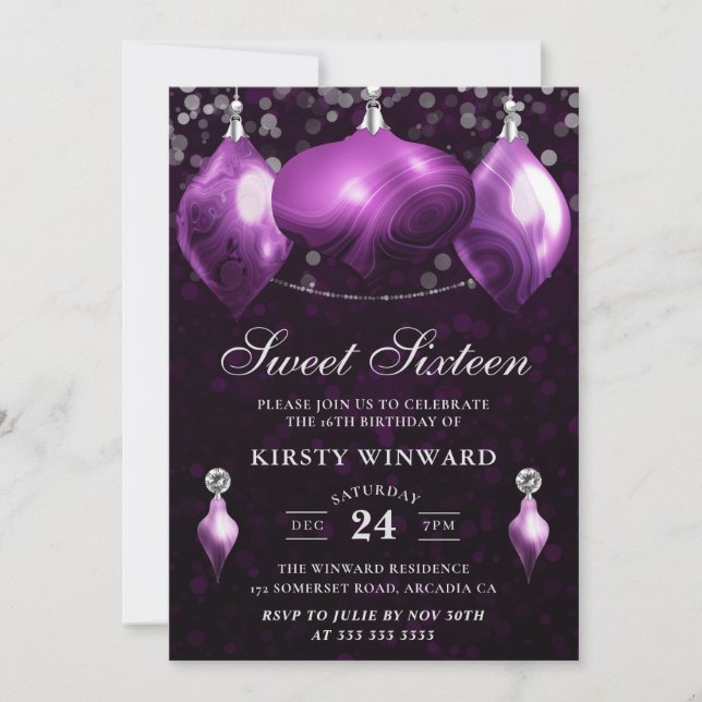 Elegant Purple Agate Winter Baubles Sweet 16 Invitation (Front)