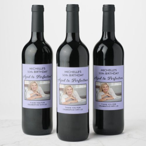 Elegant Purple Aged to Perfection Birthday Photo Wine Label
