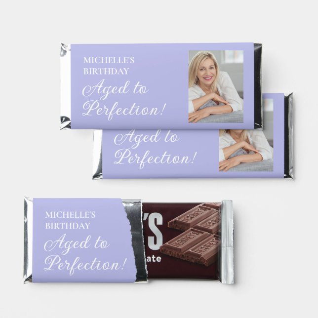 Elegant Purple Aged to Perfection Photo Hershey Bar Favors (Front)