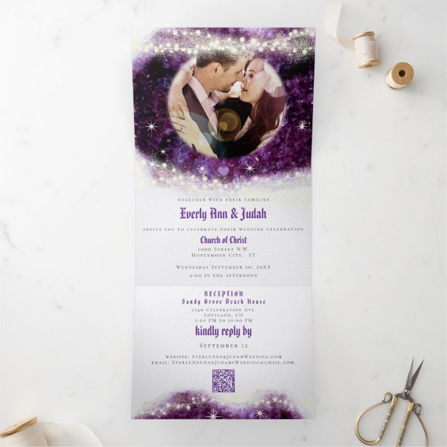 Elegant Purple Amethyst Crystal Geode Wedding Tri-Fold Invitation (Inside)