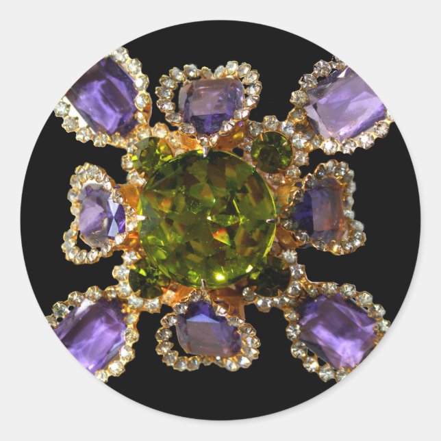 Elegant Purple Amethyst Diamonds Emeralds  Classic Round Sticker (Front)