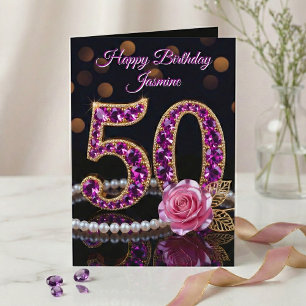Elegant Purple Amethyst Gold Pearl 50th Birthday Card