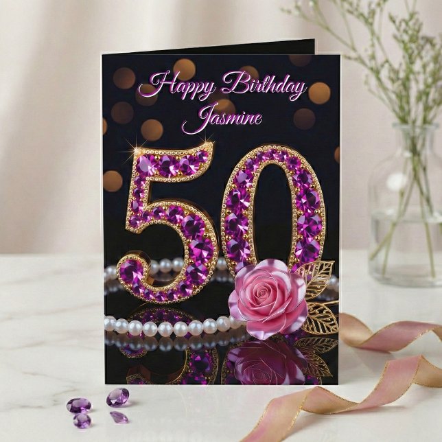 Elegant Purple Amethyst Gold Pearl 50th Birthday Card (Creator Uploaded)