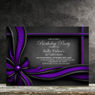 Elegant Purple and Black Bow 40th Birthday Party Invitation