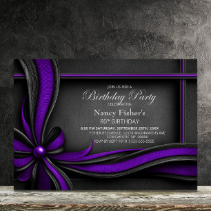 Elegant Purple and Black Bow 80th Birthday Party Invitation