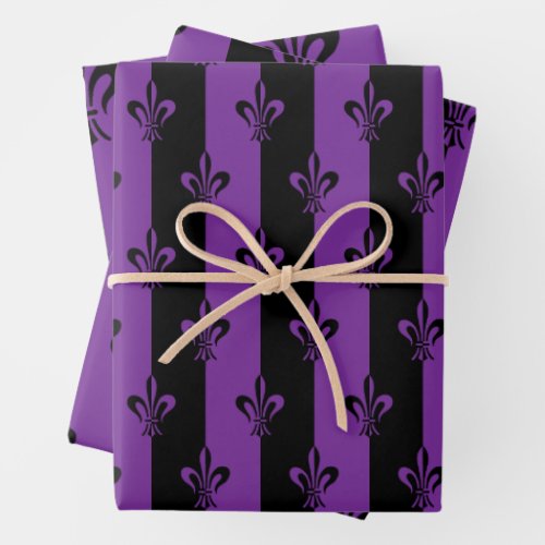 Elegant Purple and Black Fleur de Lis 3 Sizes Wrapping Paper Sheets