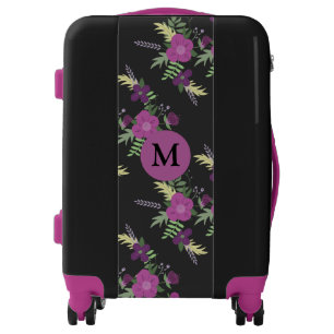 Elegant Purple and Black Flower Pattern Monogram Luggage
