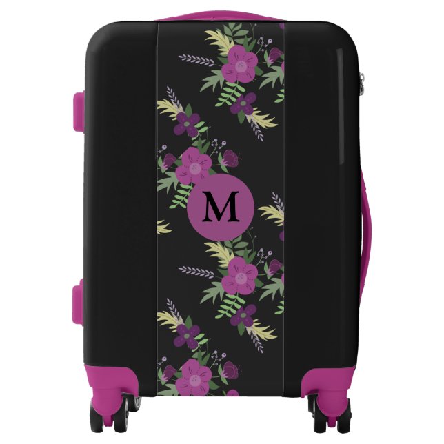 Elegant Purple and Black Flower Pattern Monogram Luggage (Front)